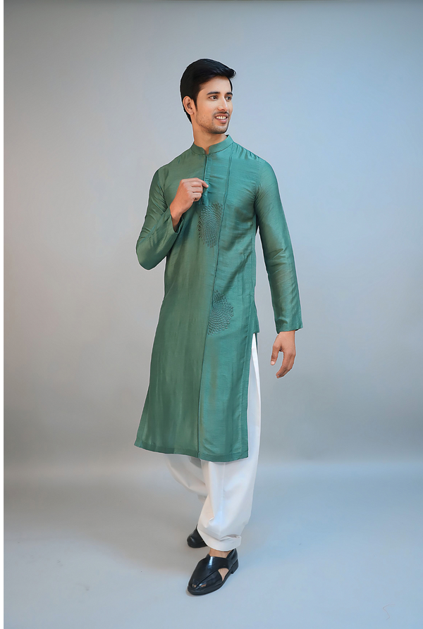 Emerald Green Dupion Silk Embroidered Kurta Set