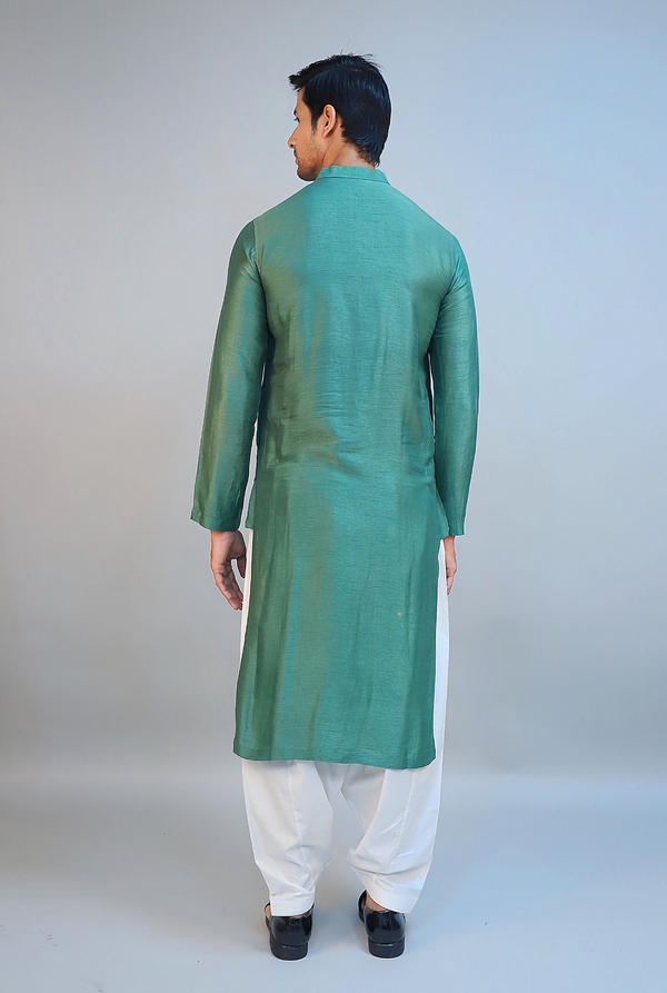 Emerald Green Dupion Silk Embroidered Kurta Set