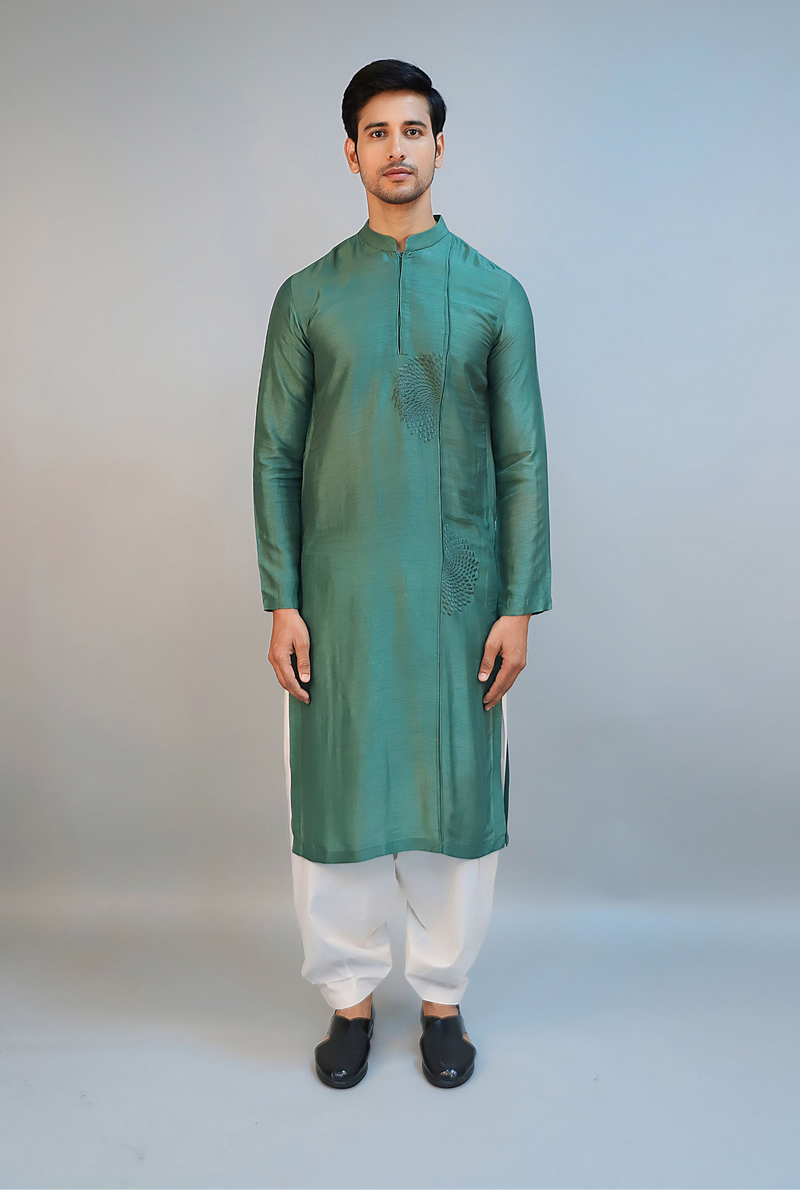 Emerald Green Dupion Silk Embroidered Kurta Set