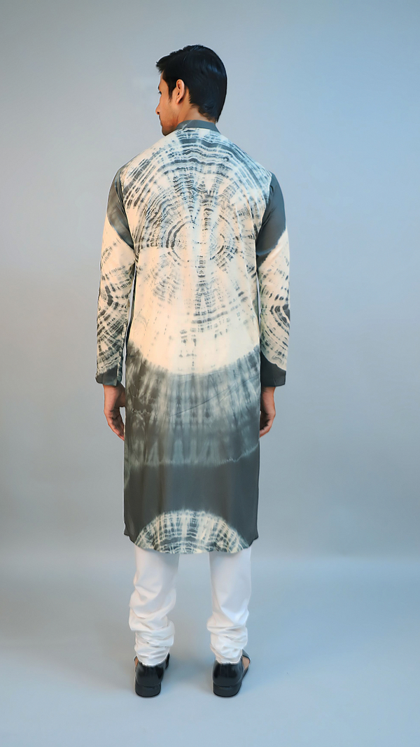 Dark Grey Tie and Dye Modal Silk Kurta with Zari and Badla Embroidery