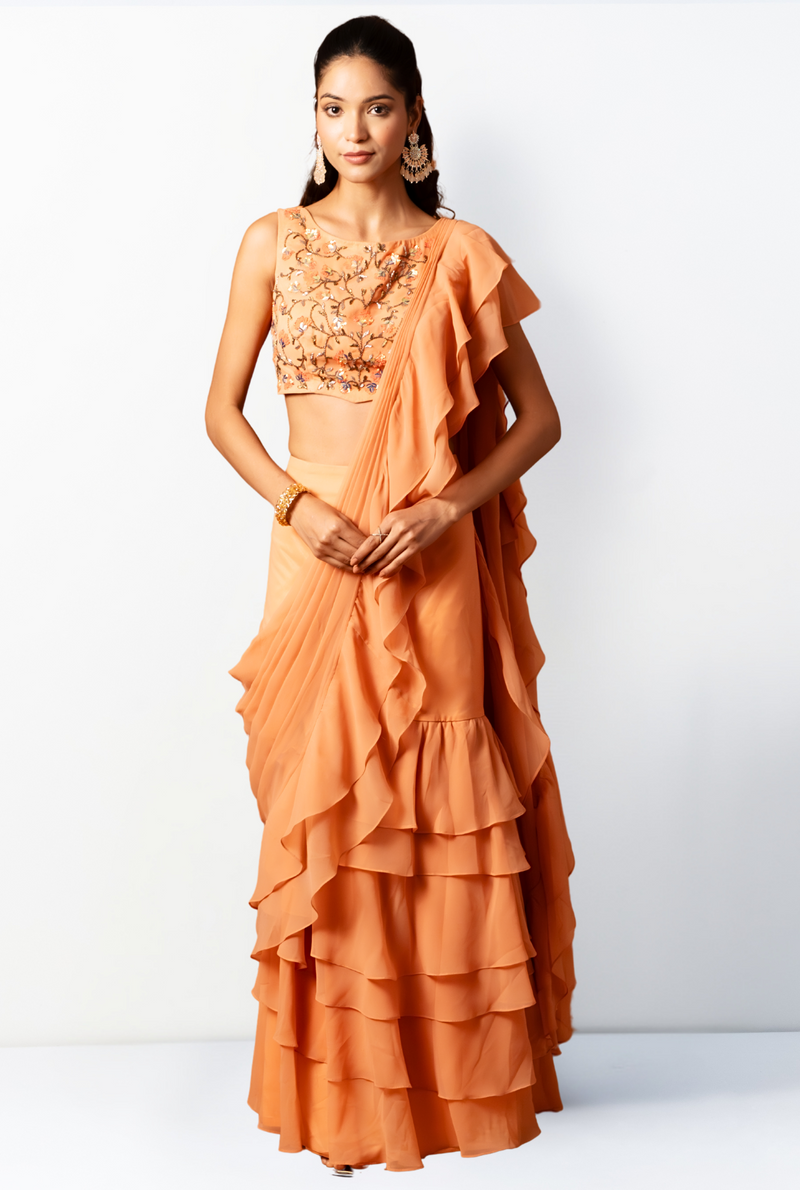 Rosa Drape Saree & Blouse | Peach