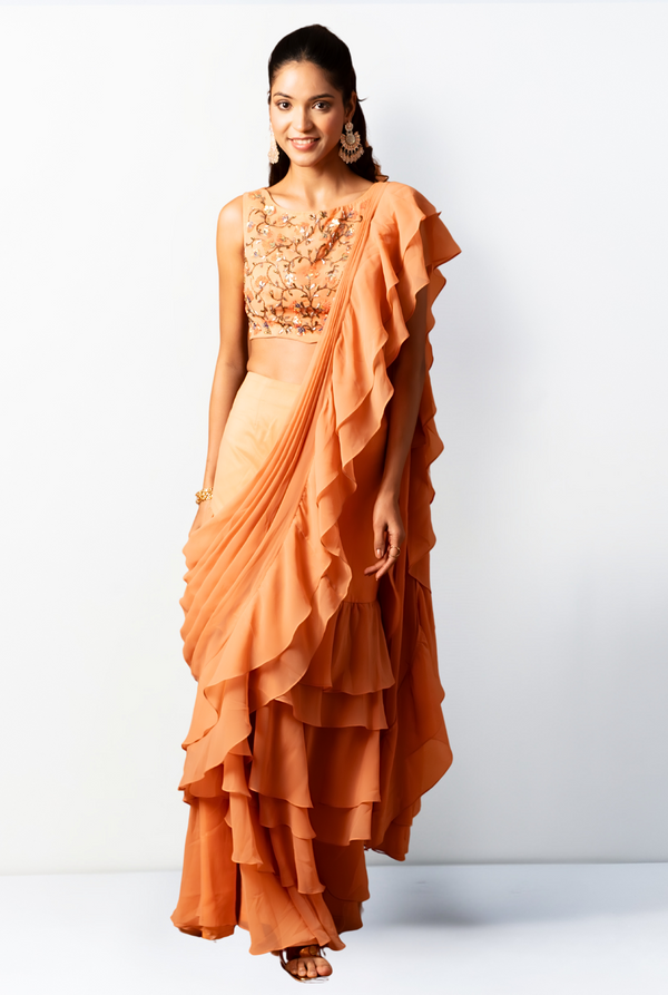 Rosa Drape Saree & Blouse | Peach