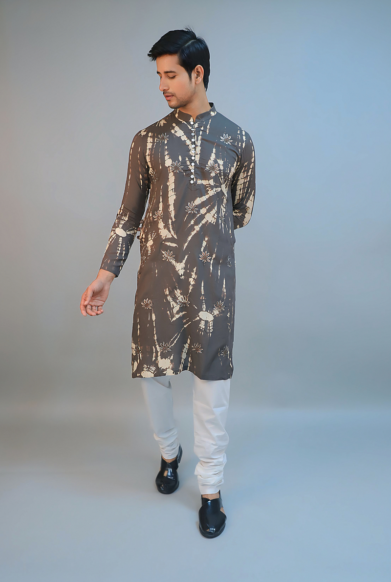 Dark Grey Silk Modal Tie-Dyed Kurta Set
