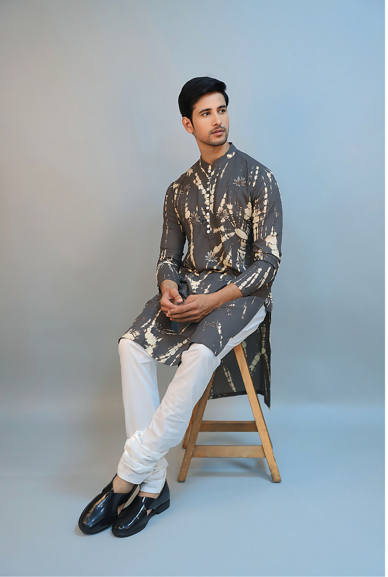Dark Grey Silk Modal Tie-Dyed Kurta Set