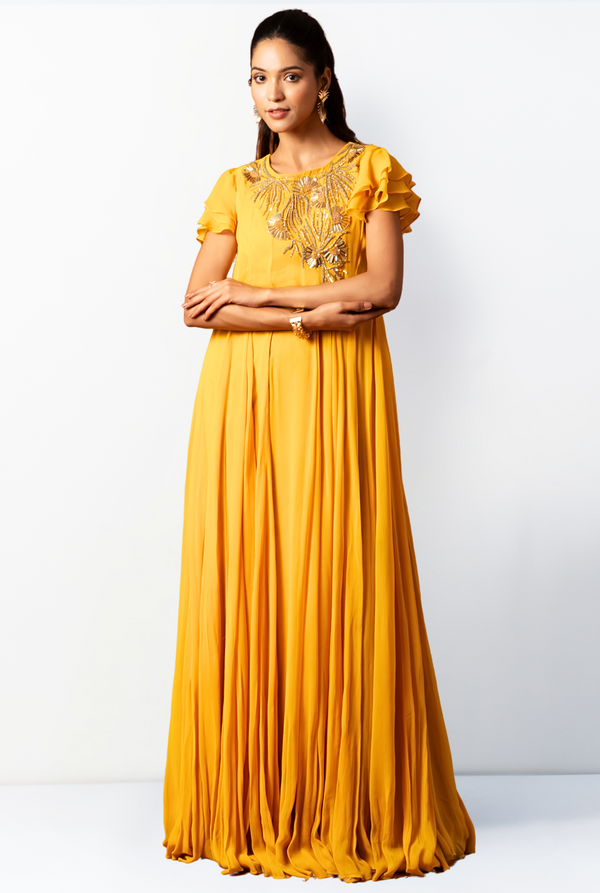 Rosa Yellow Frill Gown | Sun Yellow