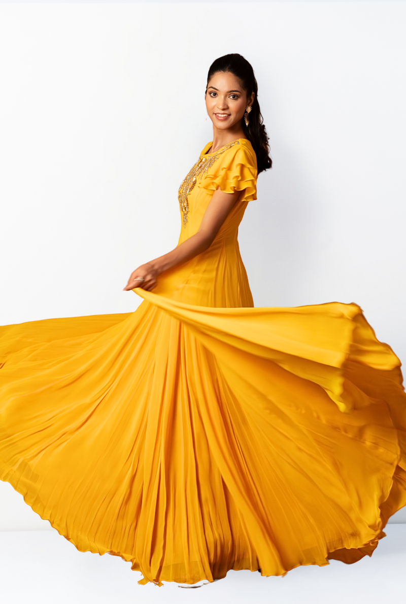 Rosa Yellow Frill Gown | Sun Yellow