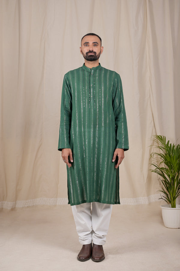 Bottle Green Silver Cotton Lurex Kurta