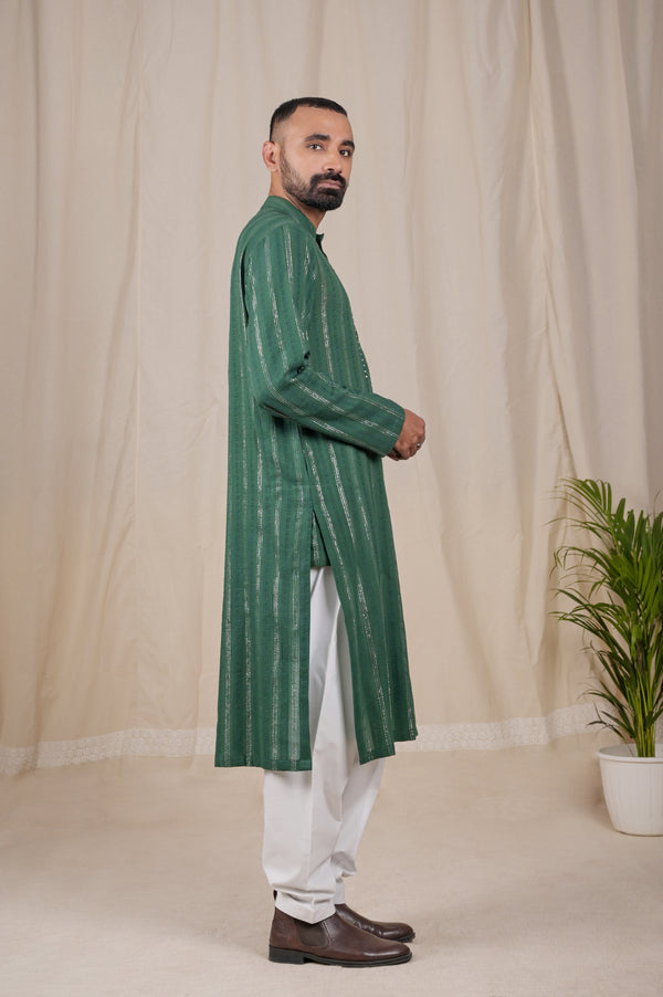 Bottle Green Silver Cotton Lurex Kurta