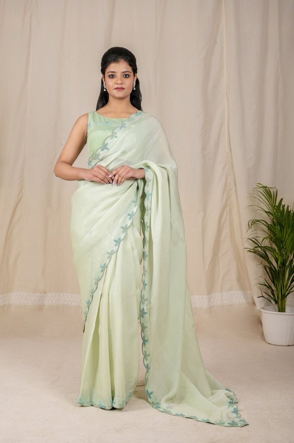Aqua Green Satin Organza Saree