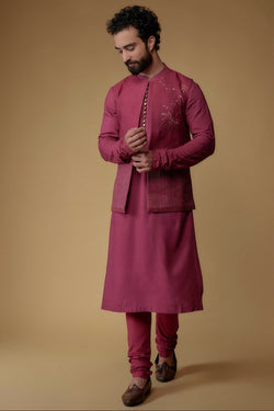 Dark Fuchsia Silk Dupion Thread Embroidered Indowestern Set