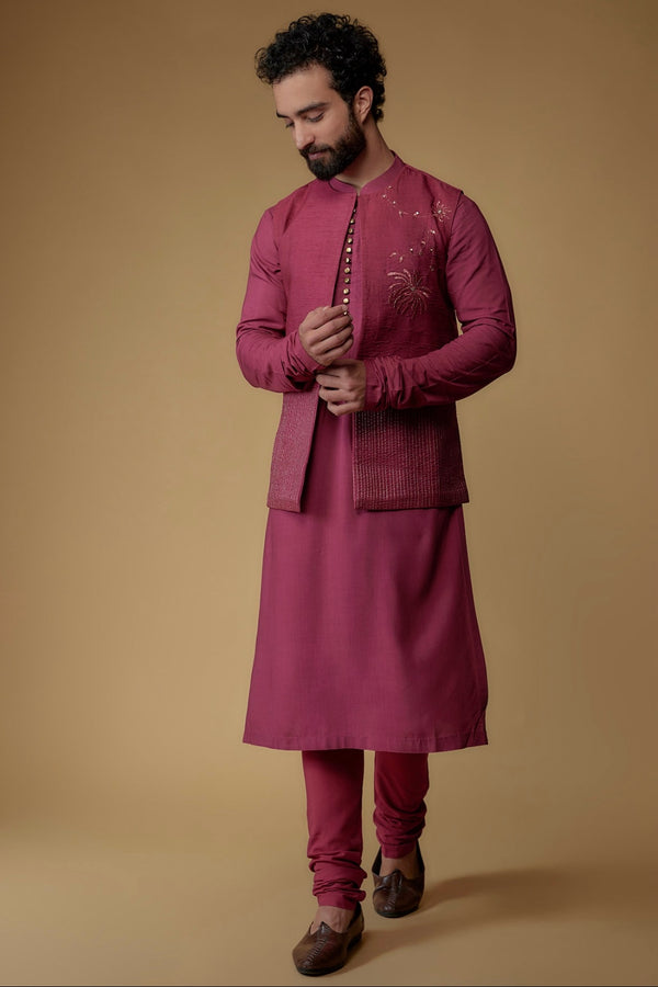 Dark Fuchsia Silk Dupion Thread Embroidered Indowestern Set