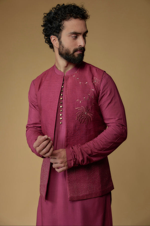 Dark Fuchsia Silk Dupion Thread Embroidered Indowestern Set