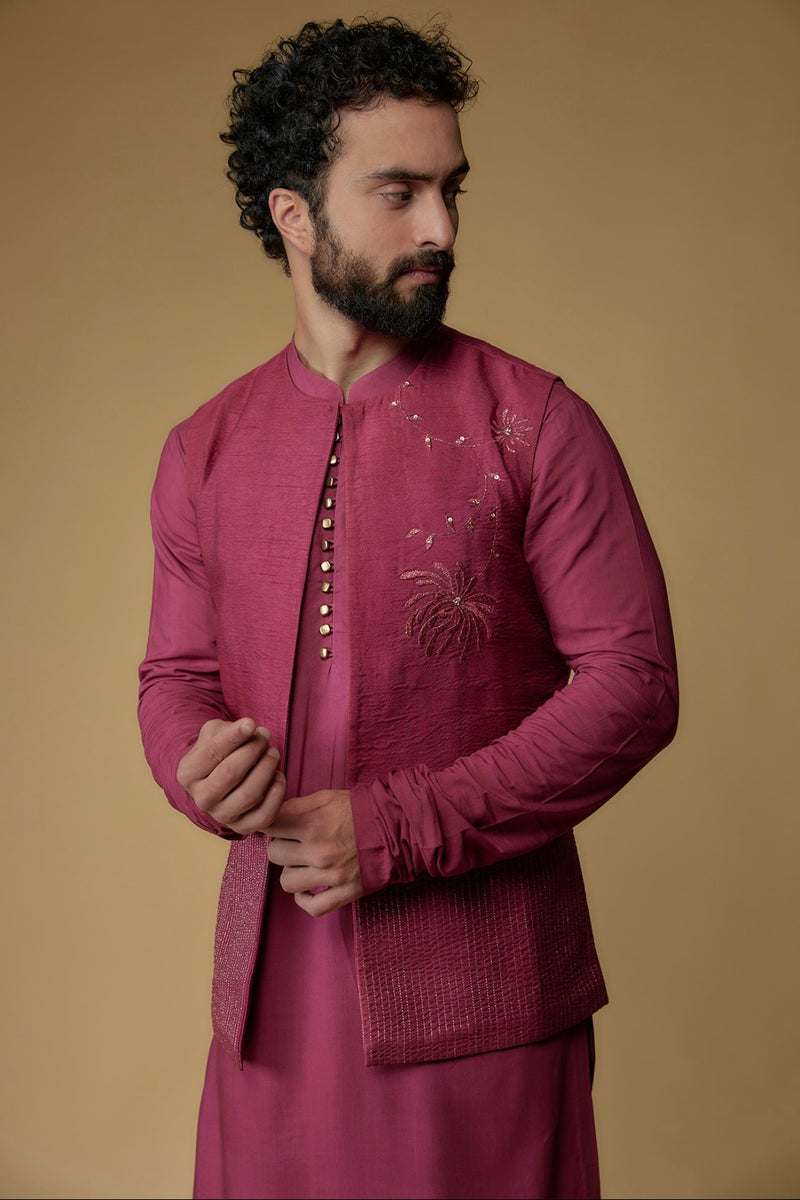 Dark Fuchsia Silk Dupion Thread Embroidered Indowestern Set