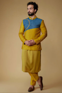 Mustard Yellow Silk Dupion Zari Embroidered Nehru Jacket Set