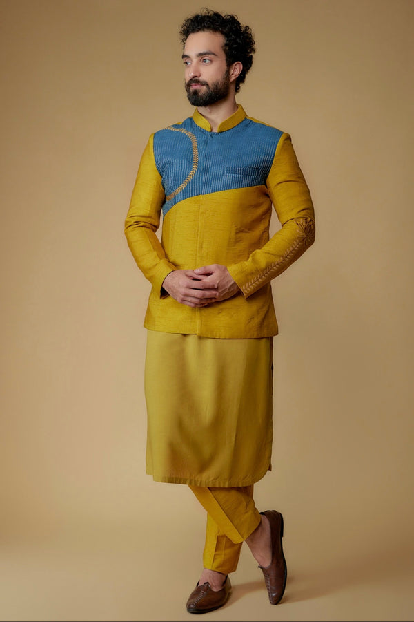 Mustard Yellow Silk Dupion Zari Embroidered Nehru Jacket Set