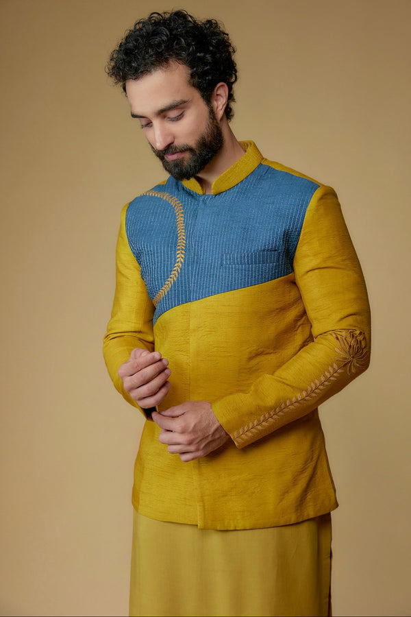 Mustard Yellow Silk Dupion Zari Embroidered Nehru Jacket Set