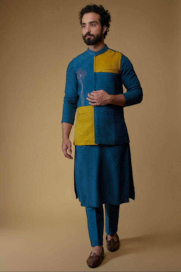 Royal Blue Silk Dupion Zari Embroidered Nehru Jacket Set
