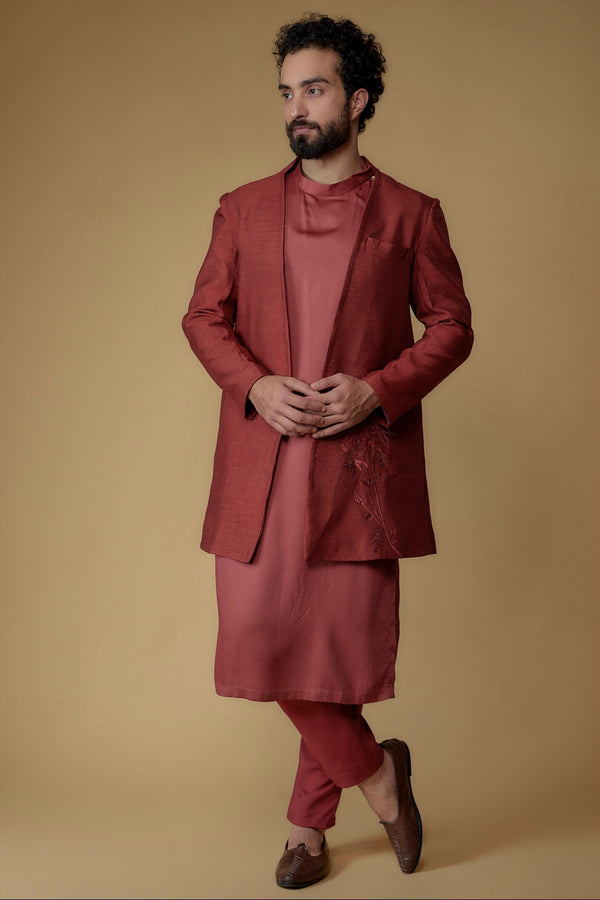 Carmine Red Silk Dupion & Modal Silk Thread Embroidered Indowestern Set