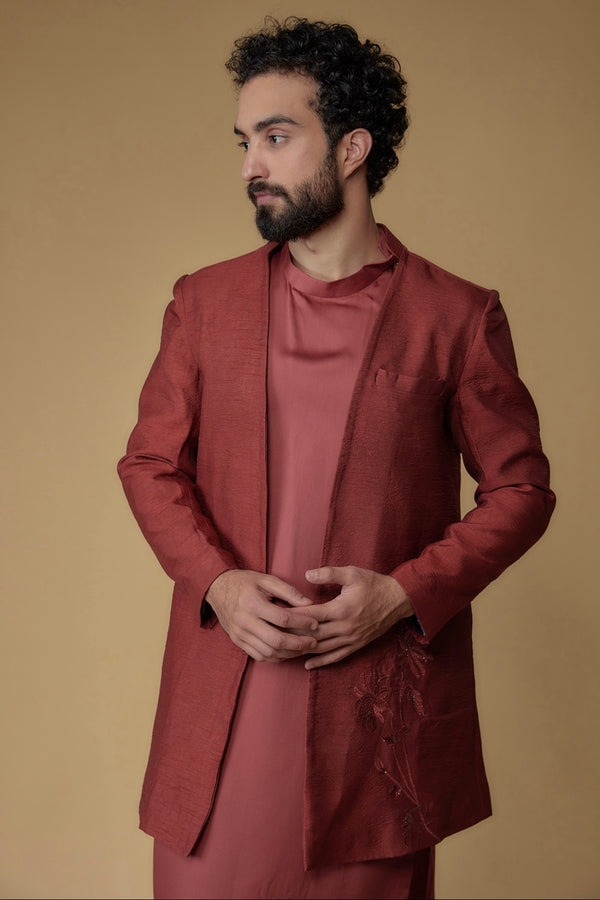 Carmine Red Silk Dupion & Modal Silk Thread Embroidered Indowestern Set