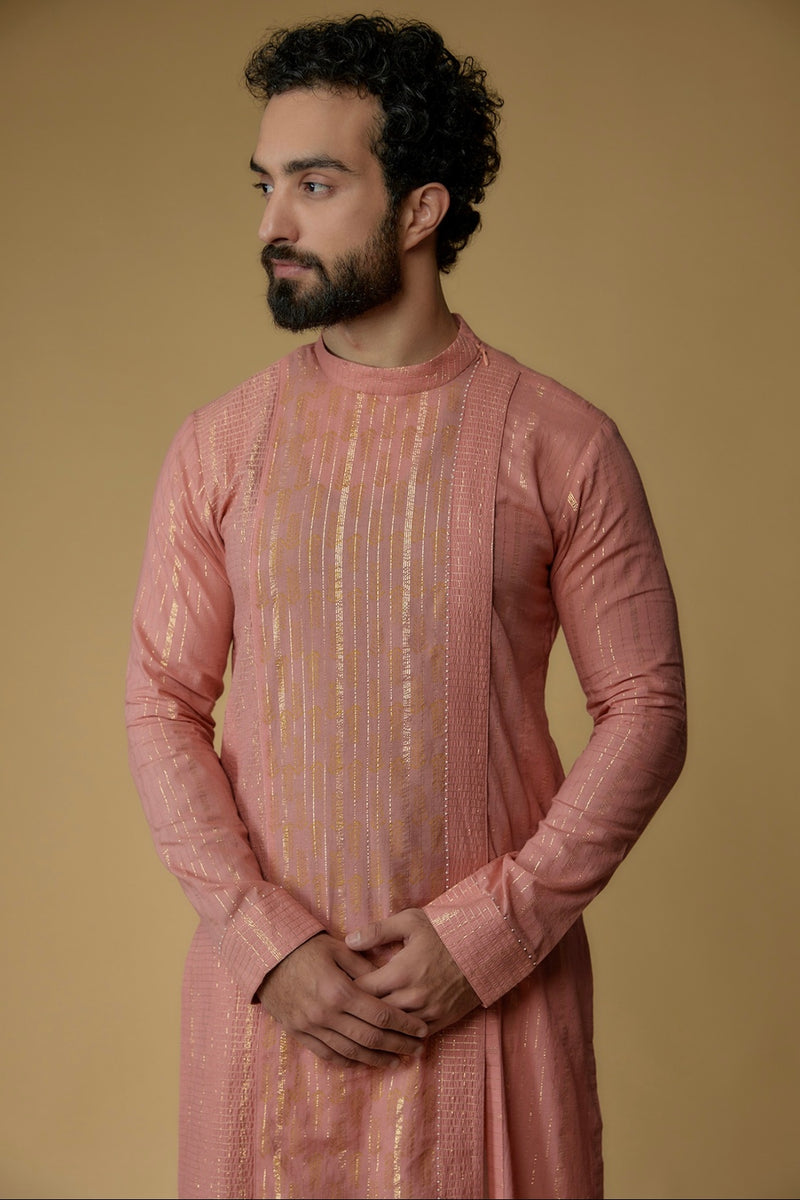 Salmon Pink Cotton Lurex Zari Embellished Kurta