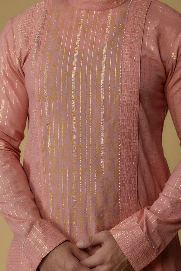 Salmon Pink Cotton Lurex Zari Embellished Kurta