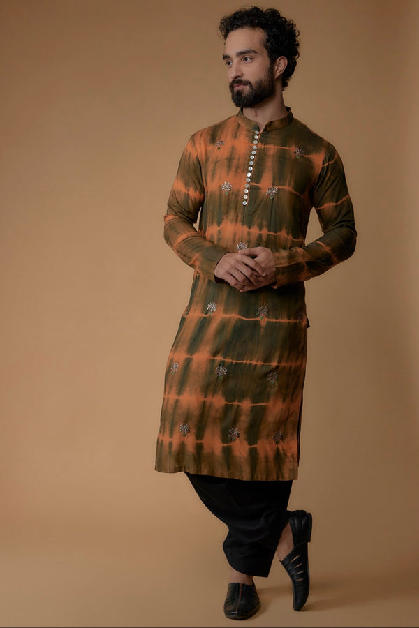 Green & Orange Silk Modal Tie-Dyed Kurta Set