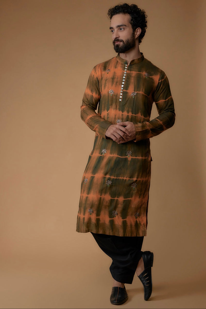 Green & Orange Silk Modal Tie-Dyed Kurta Set
