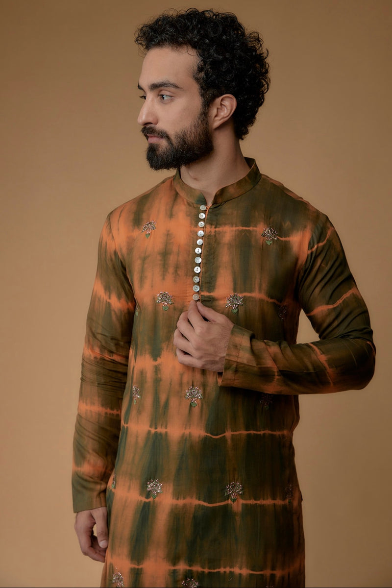 Green & Orange Silk Modal Tie-Dyed Kurta Set