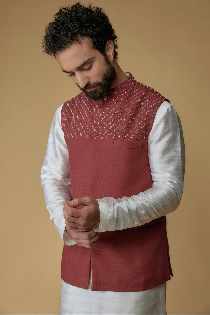 Brick Red Self Textured Cotton Hand Embroidered Nehru Jacket