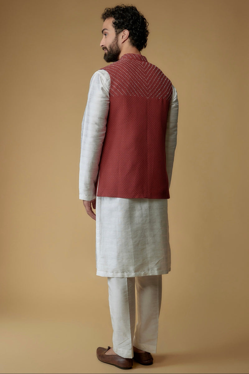 Brick Red Self Textured Cotton Hand Embroidered Nehru Jacket