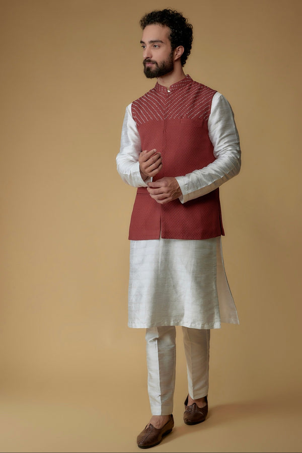Brick Red Self Textured Cotton Hand Embroidered Nehru Jacket