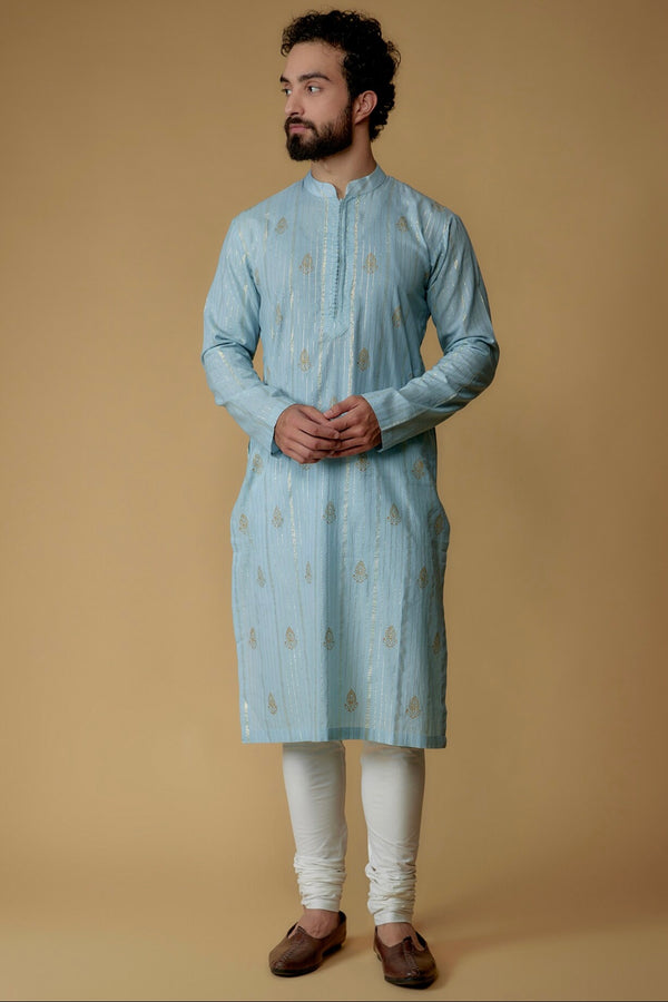Sky Blue Cotton Lurex Printed & Embellished Kurta