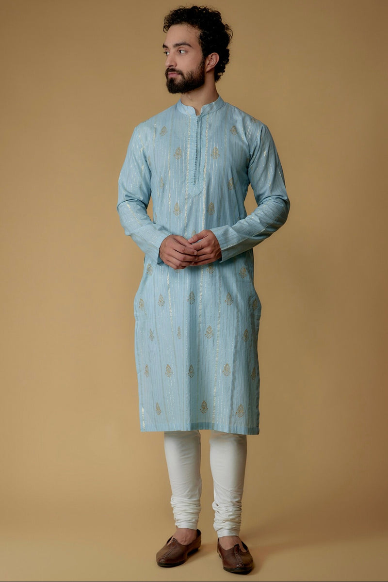 Sky Blue Cotton Lurex Printed & Embellished Kurta