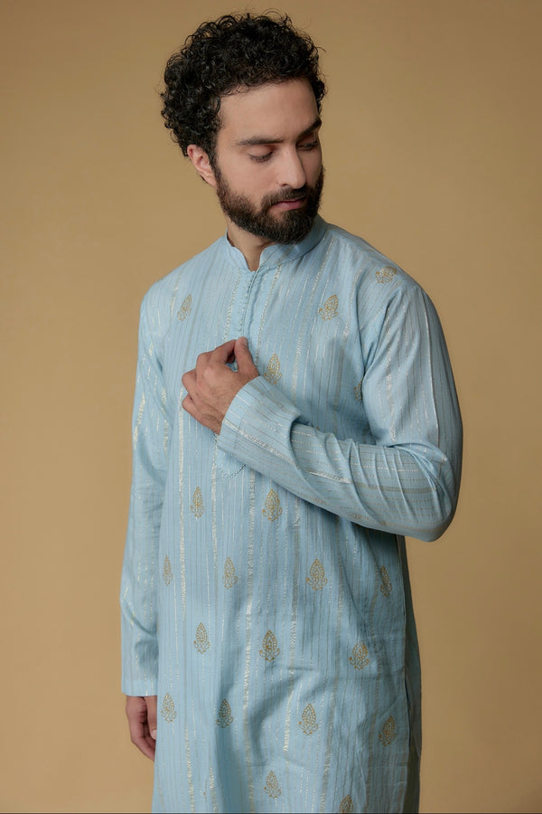 Sky Blue Cotton Lurex Printed & Embellished Kurta