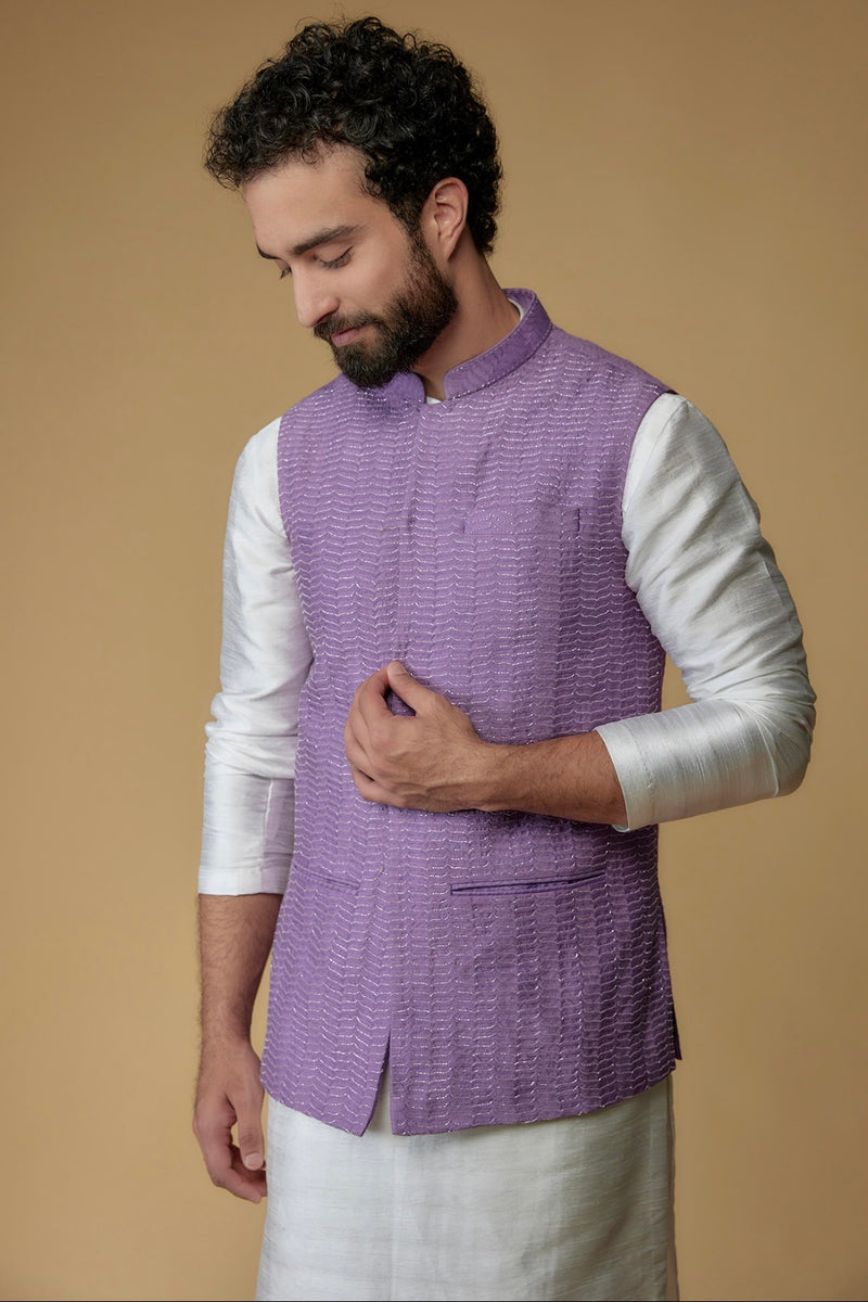 Lavender Self Textured Cotton Hand Embroidered Nehru Jacket
