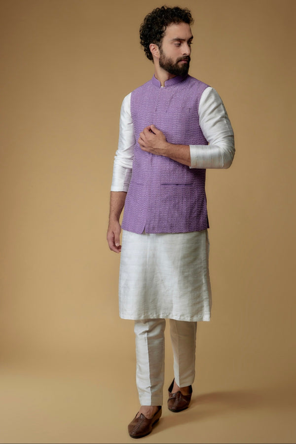Lavender Self Textured Cotton Hand Embroidered Nehru Jacket
