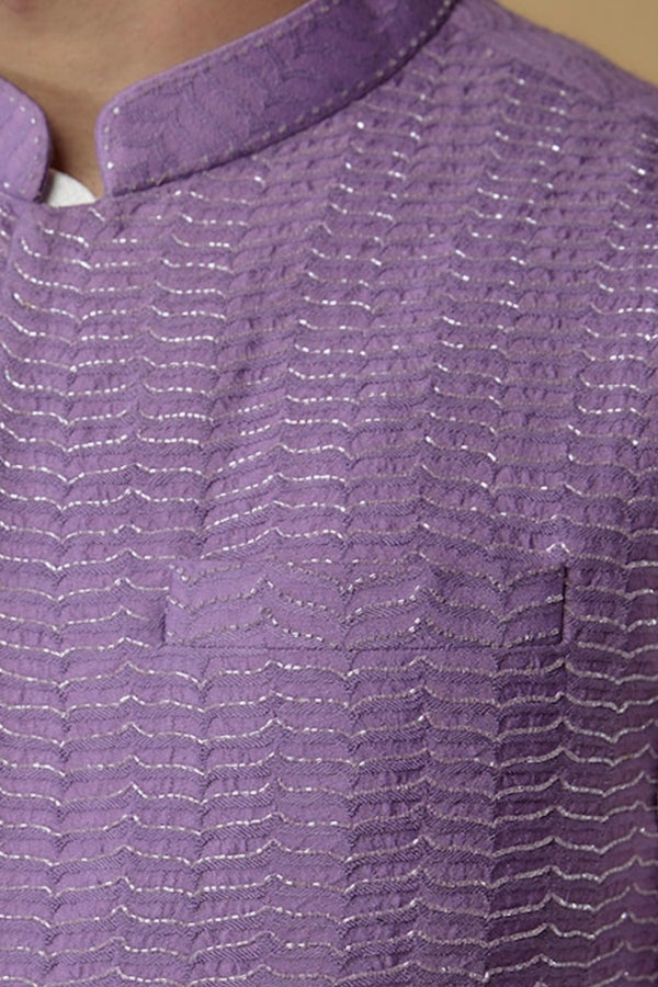 Lavender Self Textured Cotton Hand Embroidered Nehru Jacket