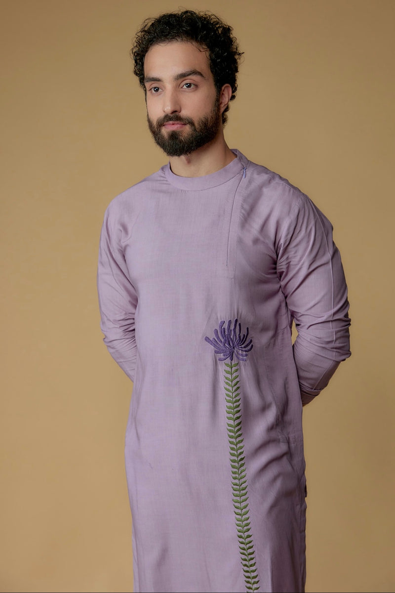 Lavender Modal Cotton Thread Embroidered Kurta Set