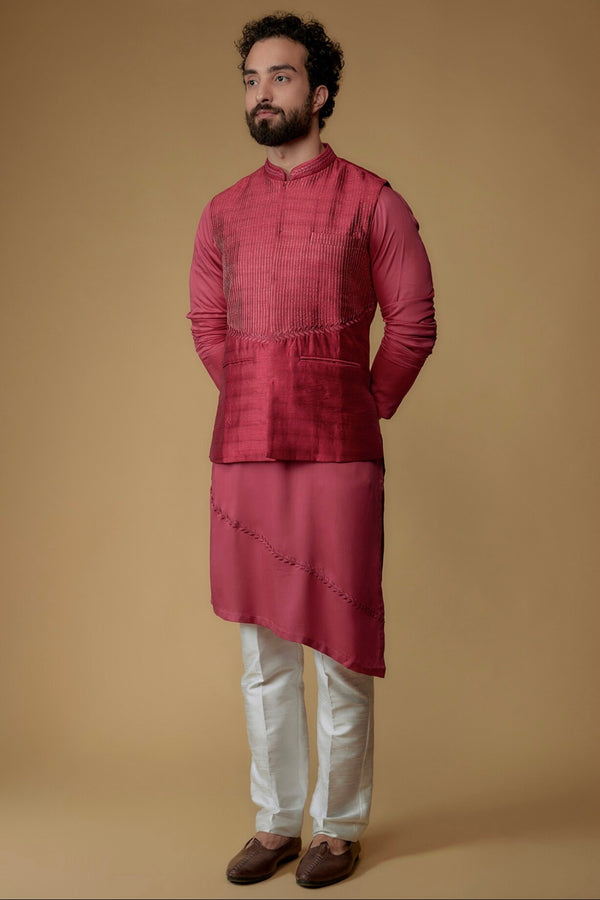 Hibiscus Pink Silk Dupion Zari Embroidered Nehru Jacket With Kurta
