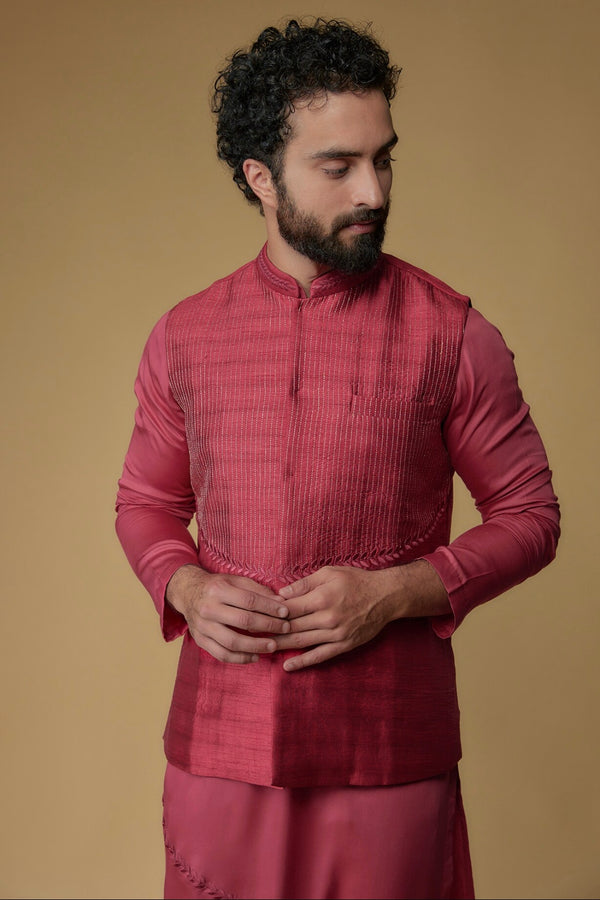Hibiscus Pink Silk Dupion Zari Embroidered Nehru Jacket With Kurta