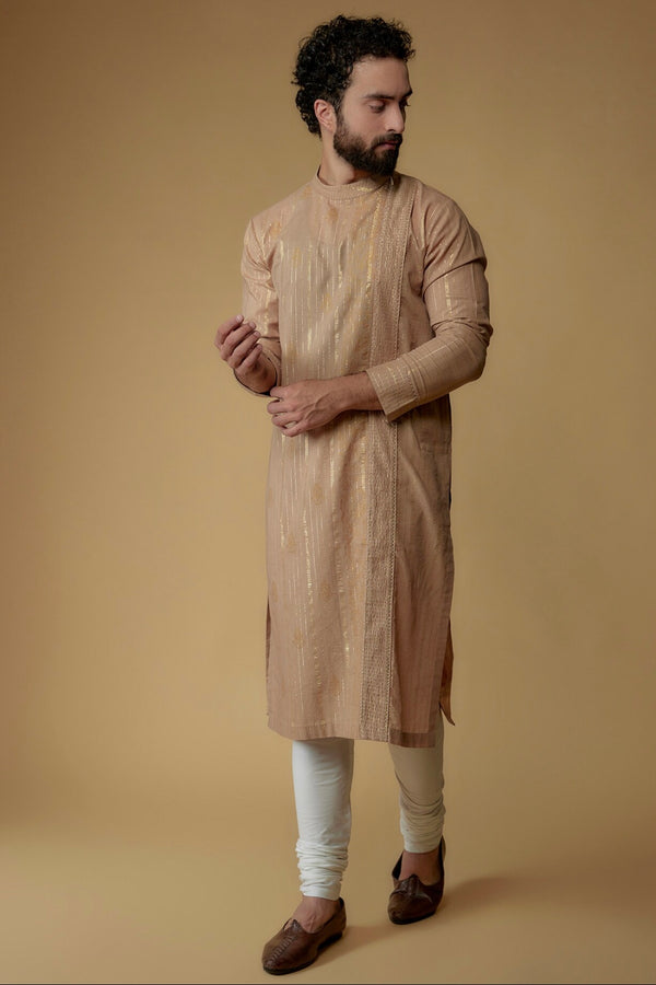 Tan Brown Cotton Lurex Printed & Embellished Kurta