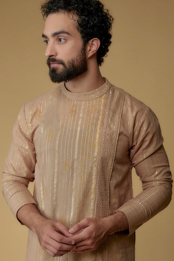 Tan Brown Cotton Lurex Printed & Embellished Kurta