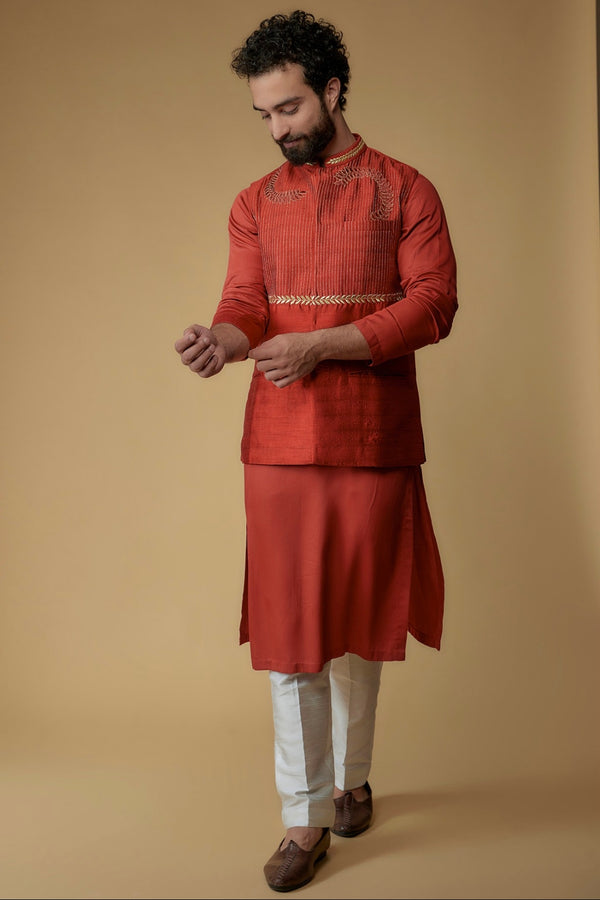 Crimson Red Silk Dupion Zari Embroidered Nehru Jacket With Kurta