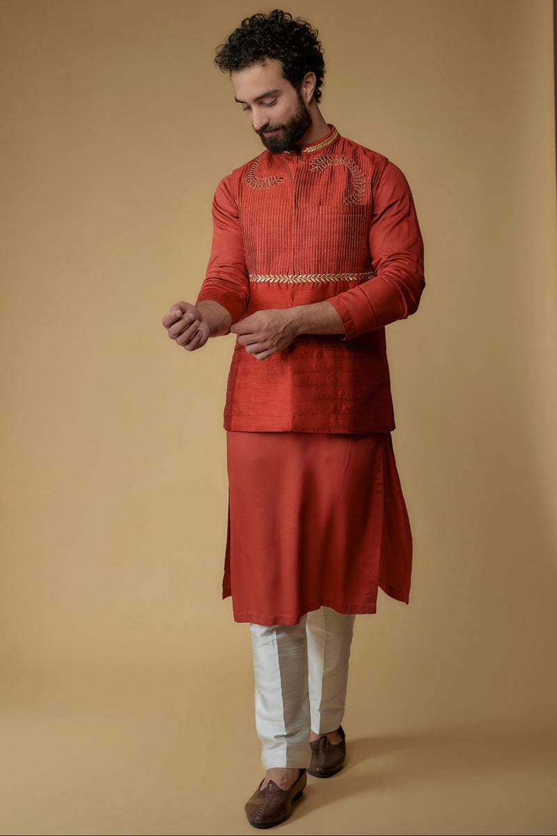 Crimson Red Silk Dupion Zari Embroidered Nehru Jacket With Kurta