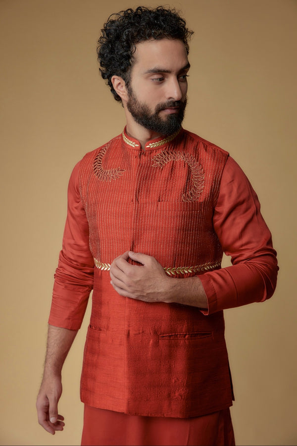 Crimson Red Silk Dupion Zari Embroidered Nehru Jacket With Kurta