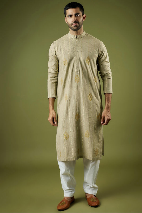 Light Green Cotton Lurex Block Printed Kurta