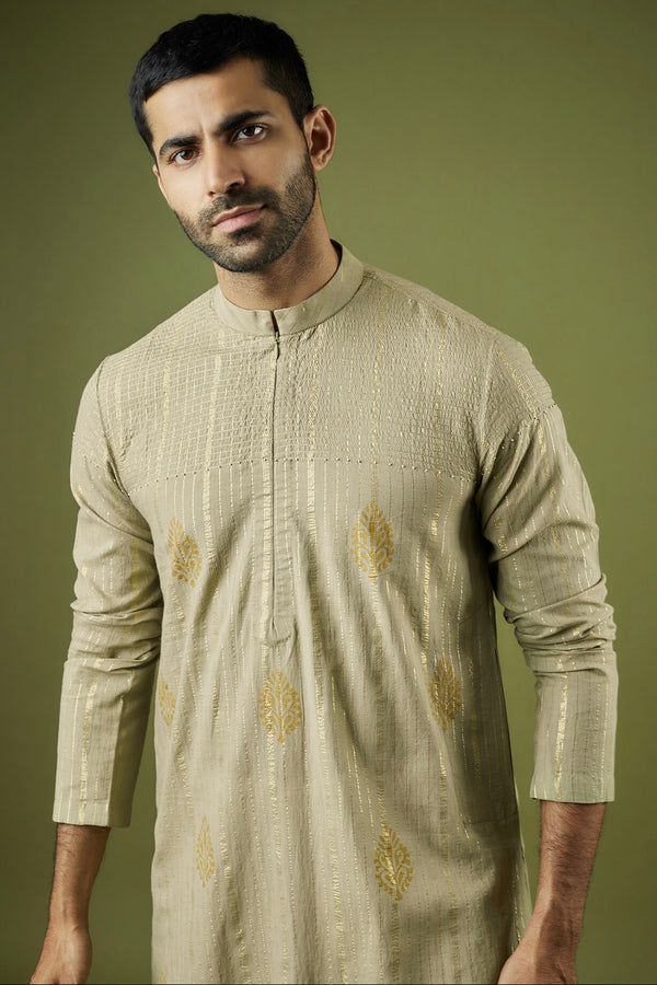 Light Green Cotton Lurex Block Printed Kurta