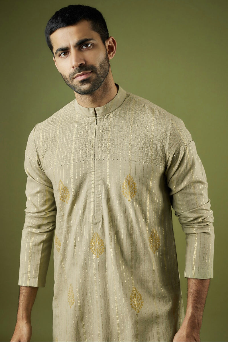 Light Green Cotton Lurex Block Printed Kurta
