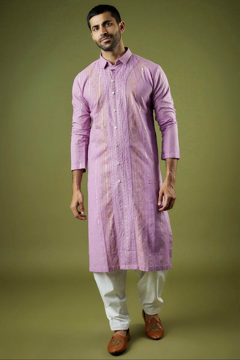 Lilac Cotton Lurex Block Printed Kurta