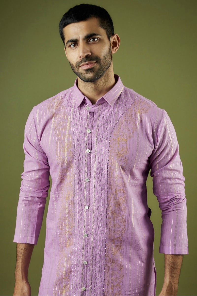 Lilac Cotton Lurex Block Printed Kurta